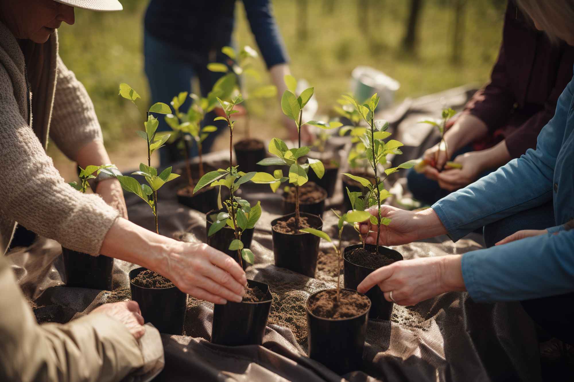 people-planting-seedlings-into-soil-volunteers-working-with-saplings-generative-ai