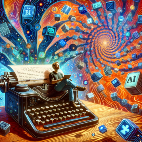 DALL·E 2023-12-30 12.24.34 - A relaxed writer using a vintage typewriter with AI elements like circuit patterns and holograms, surrounded by a whirlwind of colorful, abstract shap