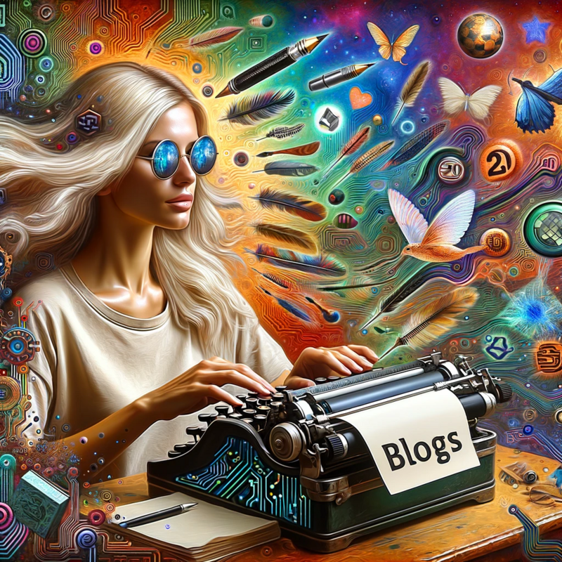 DALL·E 2023-12-30 12.35.43 - A relaxed blonde female writer using a vintage typewriter with AI elements like circuit patterns and holograms, surrounded by a whirlwind of colorful,