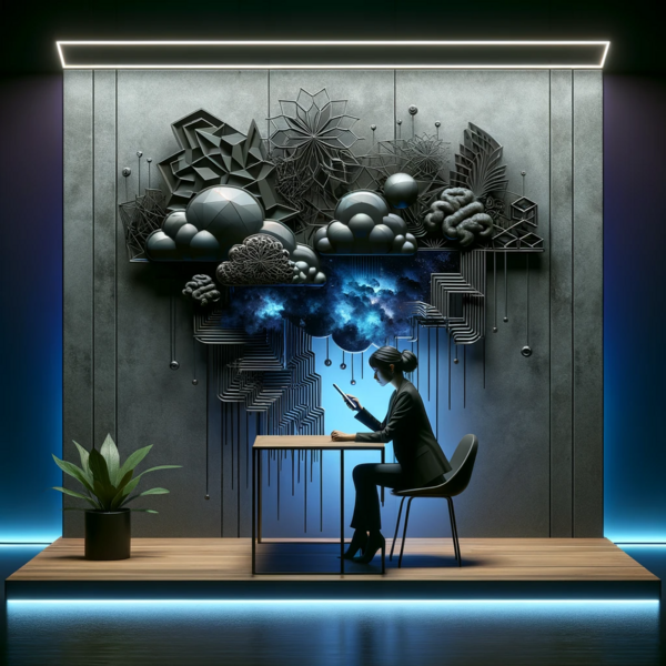 DALL·E 2024-01-08 16.06.37 - A modern version of 'The Maze of Overthinking' with a female figure at a contemporary desk. She is using a digital tablet, symbolizing modern introspe