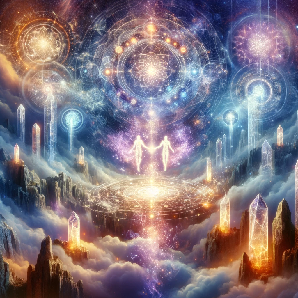 DALL·E 2024-01-09 14.04.39 - An imaginative and mystical image depicting Lemurian energy transfer. Visualize a serene, ethereal landscape with a mystical aura, possibly including 