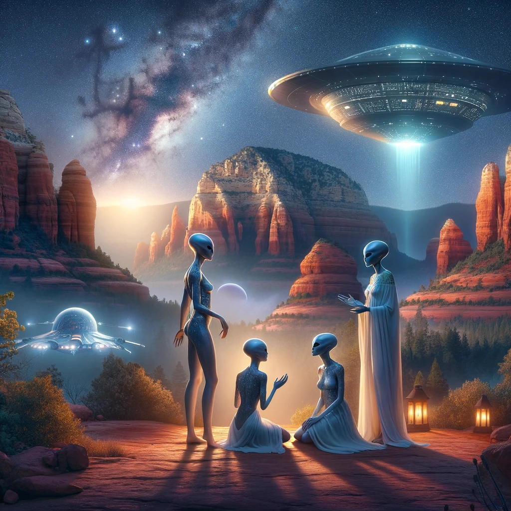 DALL·E 2024-01-09 17.04.02 - Recreate the imaginative and otherworldly scene of three female humans having a conversation with three Arcturians in Sedona at night, based on the pr