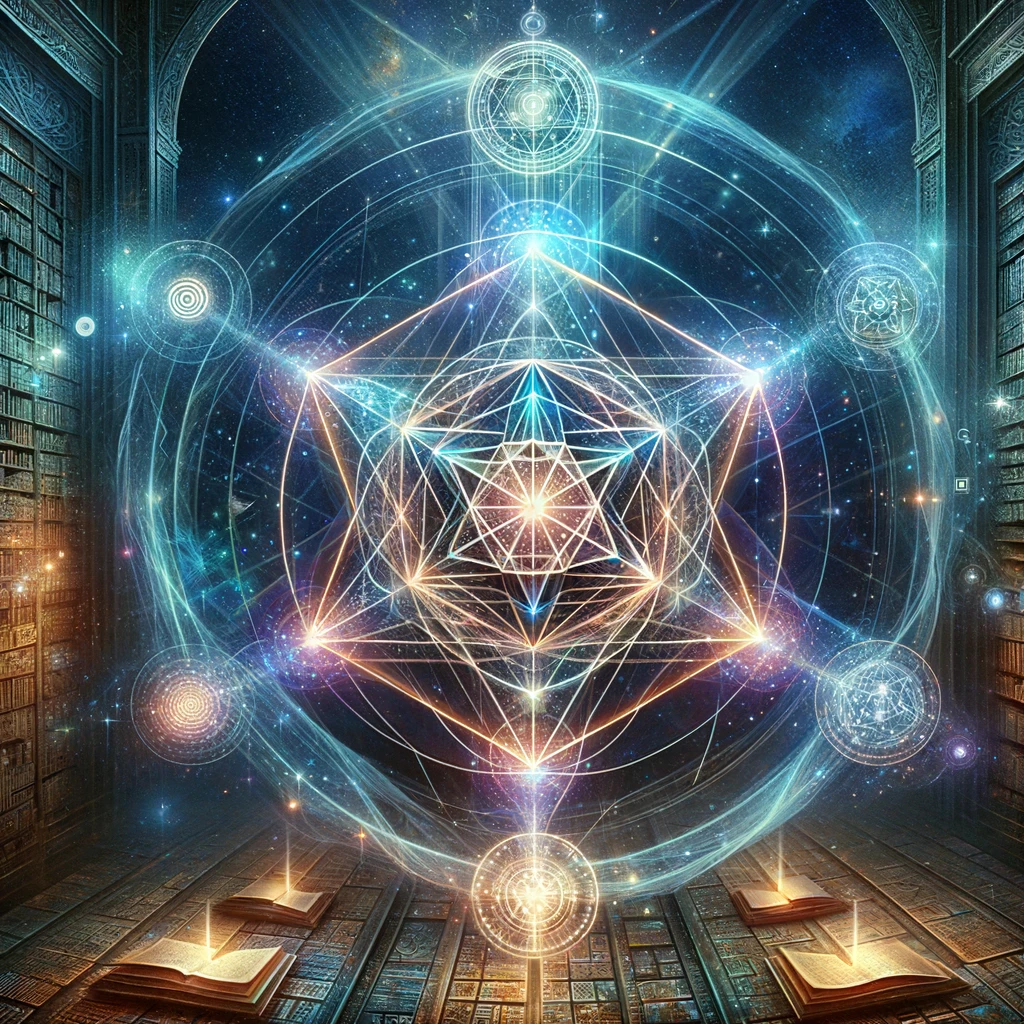 DALL·E 2024-01-12 15.49.14 - Design an image that artistically represents the Merkaba in the context of the Akashic records. The Merkaba is depicted as two interlocked tetrahedron