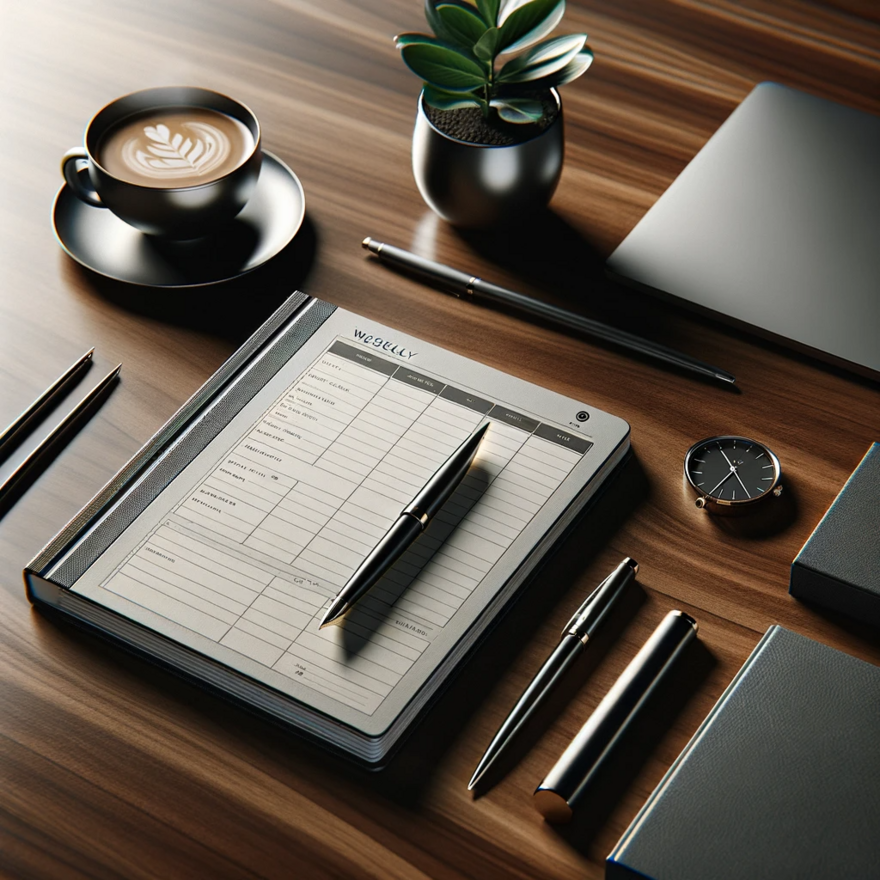 DALL·E 2024-01-15 17.25.27 - A refined and high-resolution image of a weekly planner on a desk, with a cleaner and more polished look. The desk is made of polished dark wood, shin