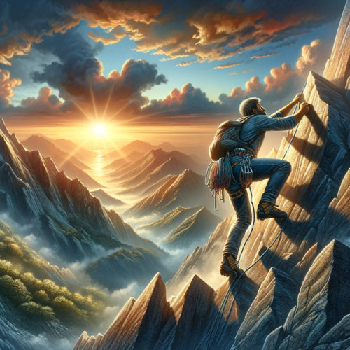 DALL·E 2024-01-22 11.08.38 - An image of a man climbing a mountain with a sunrise in the background. The scene shows the man in mid-climb, using his hands and feet to ascend the r