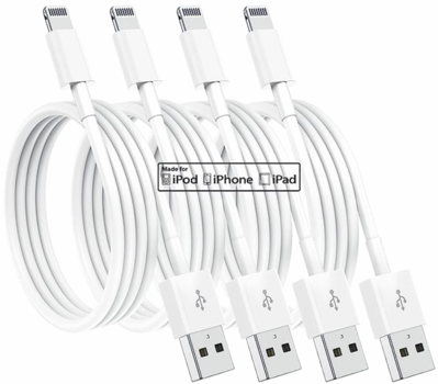 set of 4 white charging cords with usb to lightening connection