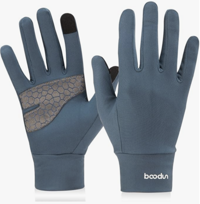 blue gray gloves with gray palm grippers and black index finger and thumb tips