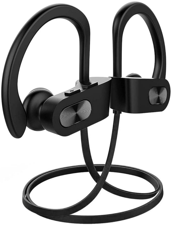 black ear buds with loops over ears 