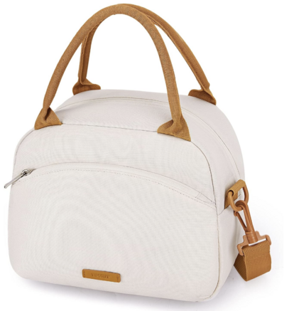 cream lunch box with tan sable colored handles and a detachable shoulder strap