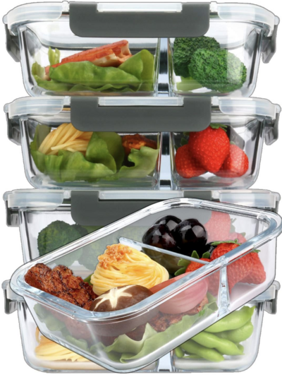 stack of glass containers with dividers for meal prep with snap on lids