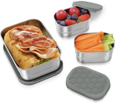 three stainless steel containers of various sizes with silicone lids