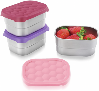 stack of three rectangular stainless containers with pink and purple silicone lids