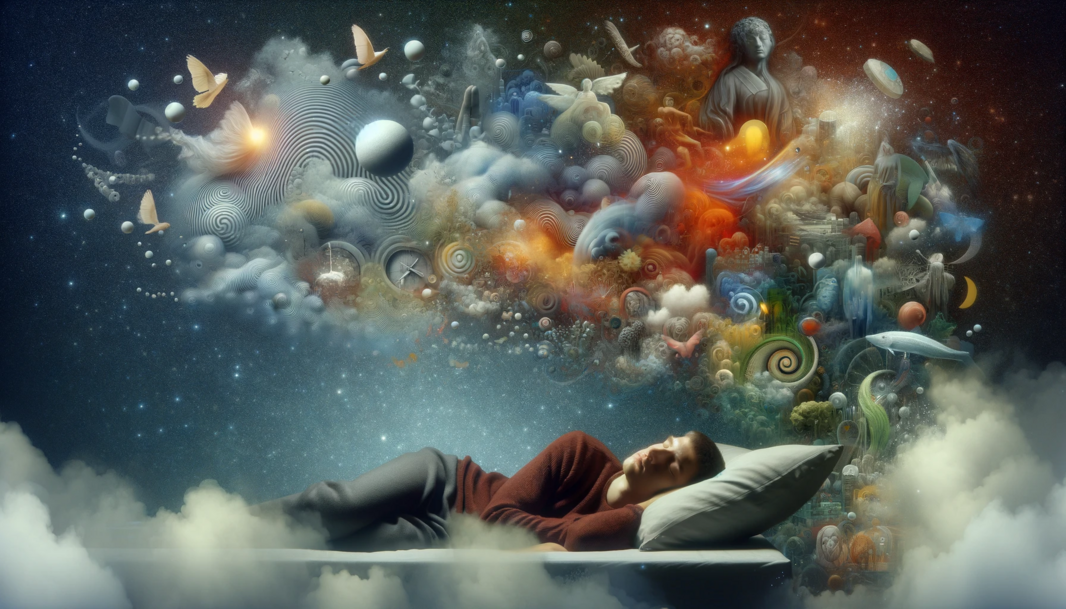 DALL·E 2024-01-31 16.22.47 - A surrealistic image in a resolution of 700x380 pixels, depicting a person sleeping and their dream materializing around them. The scene shows the sle