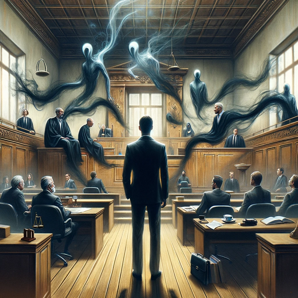 DALL·E 2024-02-02 10.50.25 - Envision a solemn courtroom scene, with a man prominently positioned, embodying the gravity of the legal proceedings. The courtroom is filled with ind