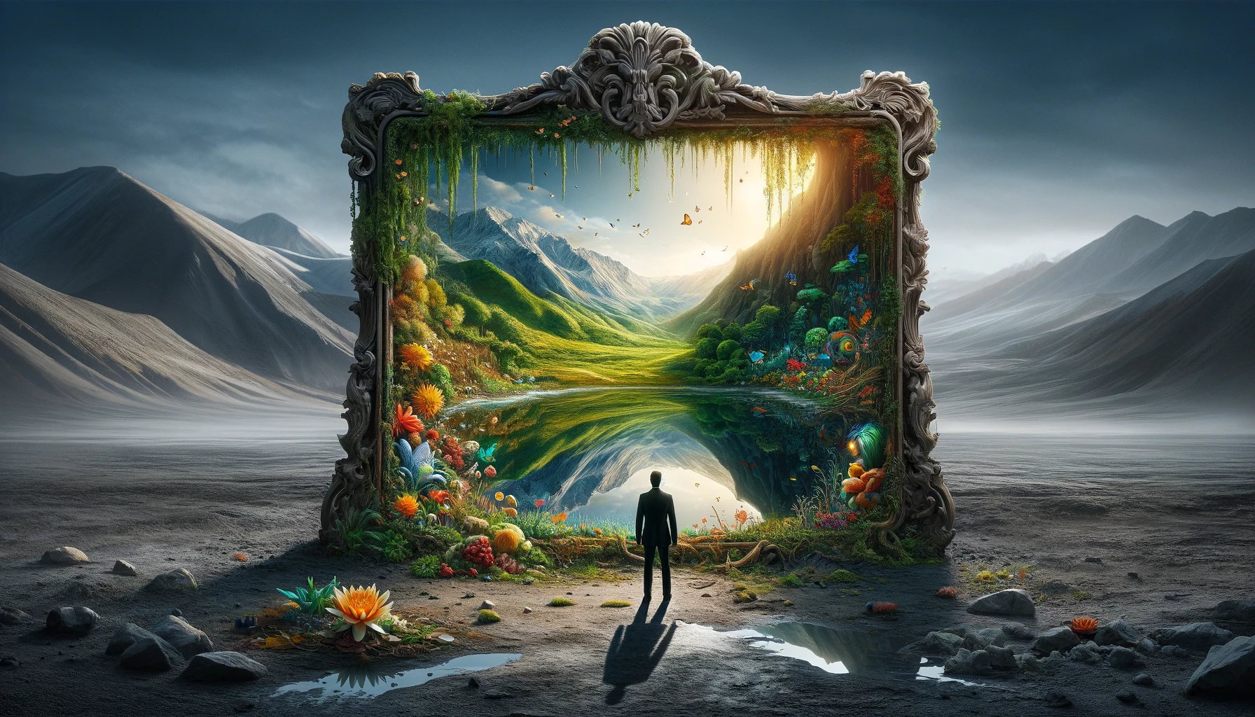 DALL·E 2024-02-04 12.35.35 - Create an image that precisely depicts a stark contrast between a barren, desolate landscape and a lush, vibrant world reflected in a large mirror. Th