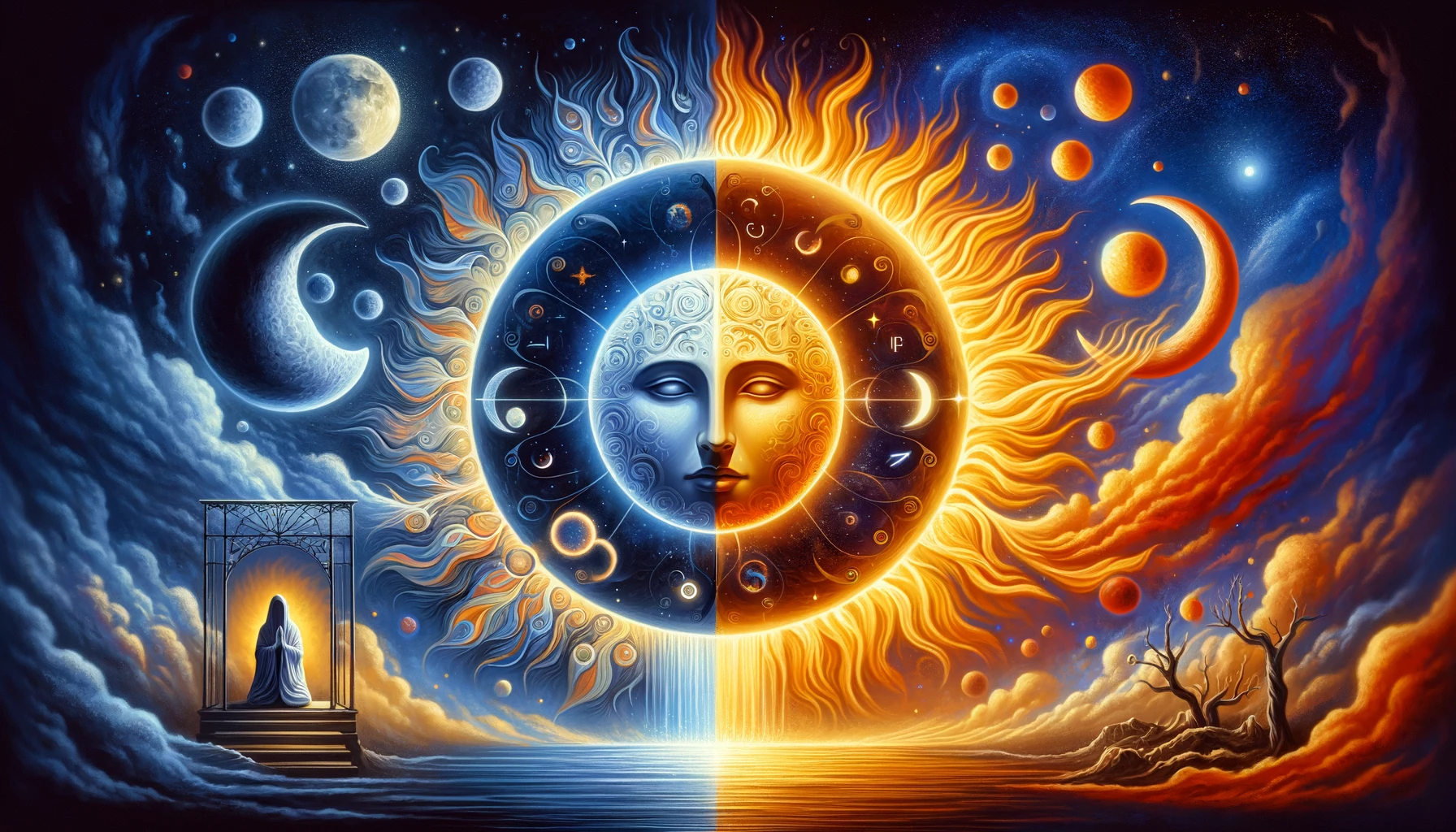 DALL·E 2024-02-04 13.42.20 - Create an image that symbolizes the polarity and union of feeling and intellect through the symbols of the sun and moon, without including any human f